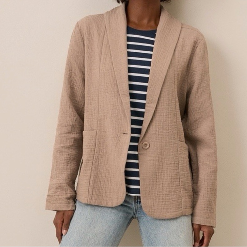 Pact Coastal Double Gauze Blazer Size Large Tan Cream